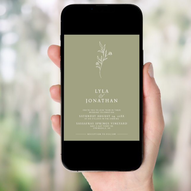 Elegant Minimalist Olive Green Floral Wedding Invitation (Front Digital)