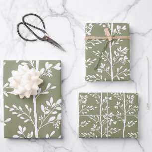 Elegant Minimalist Olive Green Floral Wrapping Paper Sheets