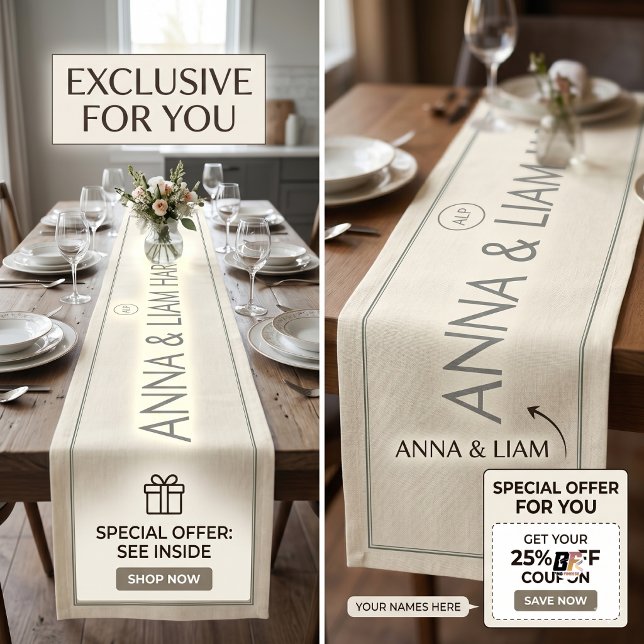 Elegant Minimalist Personalized Couple Wedding Medium Table Runner (#celebrationparty)