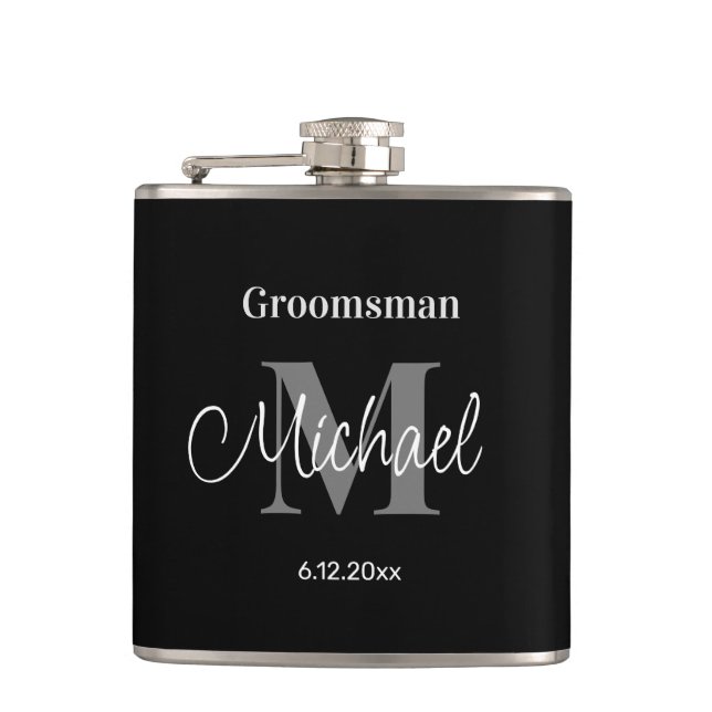 elegant minimalist personalized groomsman black flask (Front)