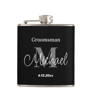 elegant minimalist personalized groomsman black flask