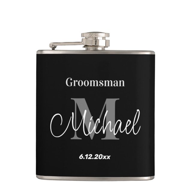 elegant minimalist personalized groomsman black flask (Front)
