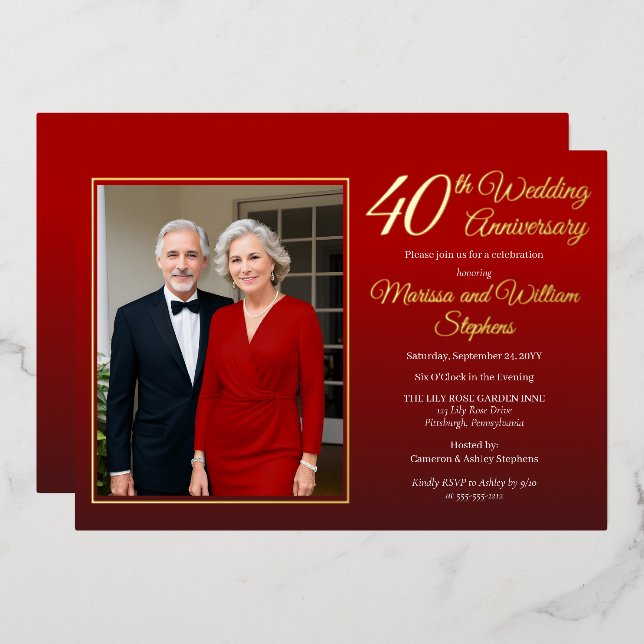 Elegant Minimalist Photo 40th Wedding Anniversary Foil Invitation (Front/Back)