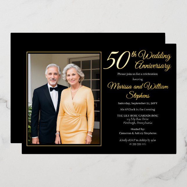 Elegant Minimalist Photo 50th Wedding Anniversary Foil Invitation (Front/Back)