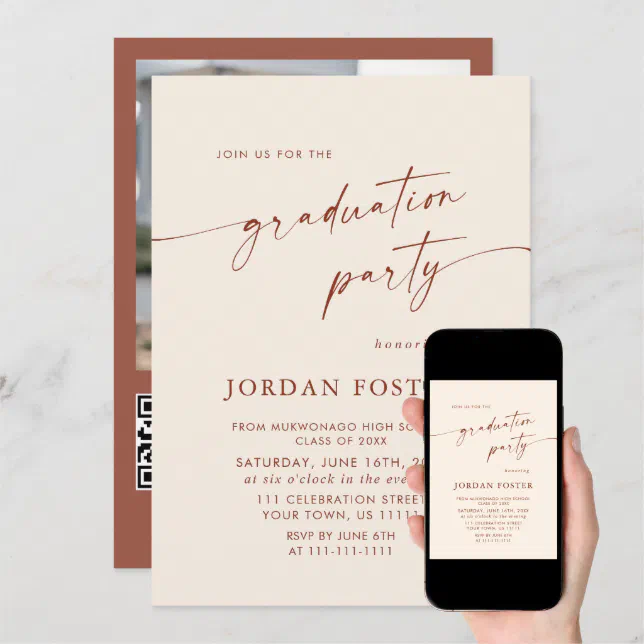 Elegant Minimalist PHOTO Graduation Party QR code Invitation | Zazzle