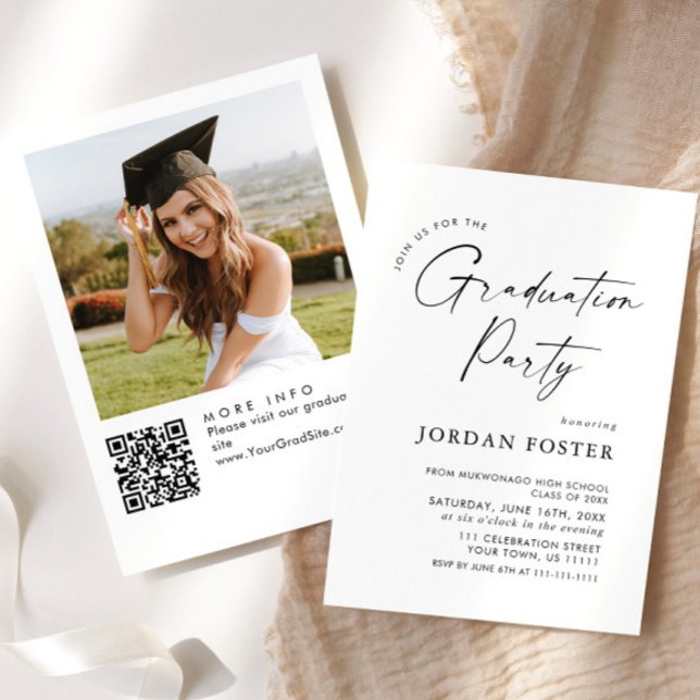 Elegant Minimalist PHOTO Graduation Party QR code Invitation (Creator Uploaded)