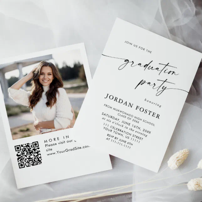 Elegant Minimalist PHOTO Graduation Party QR code Invitation | Zazzle