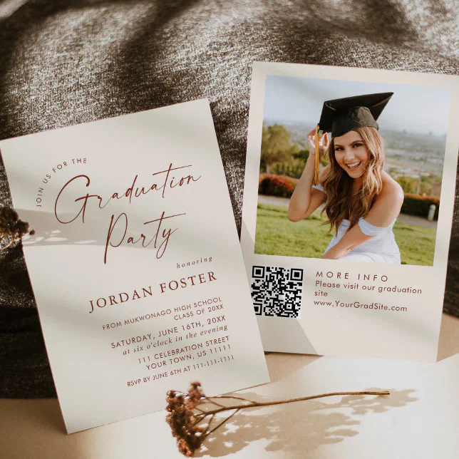 Elegant Minimalist PHOTO Graduation Party QR code Invitation | Zazzle