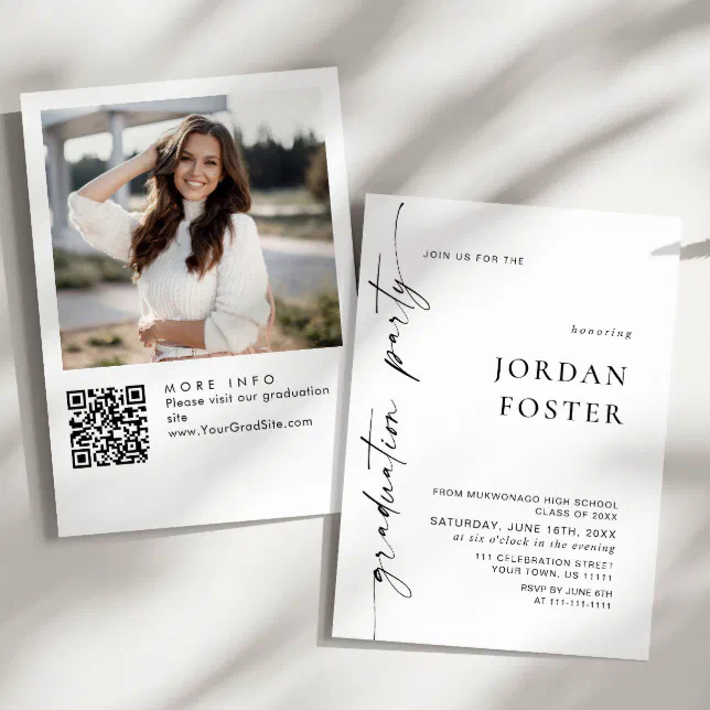 Elegant Minimalist PHOTO Graduation Party QR code Invitation | Zazzle