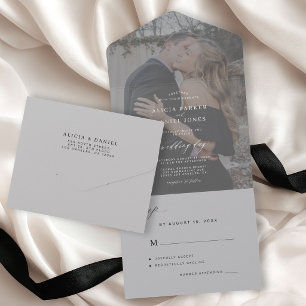 Elegant minimalist photo gray wedding all in one invitation