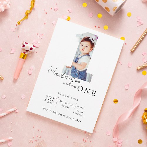 Elegant Minimalist Photo Kids First Birthday Party Invitation