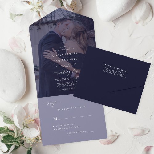 Elegant minimalist photo navy white wedding all in one invitation