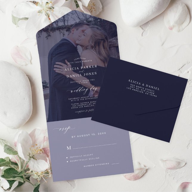 Elegant minimalist photo navy white wedding all in one invitation (Creator Uploaded)