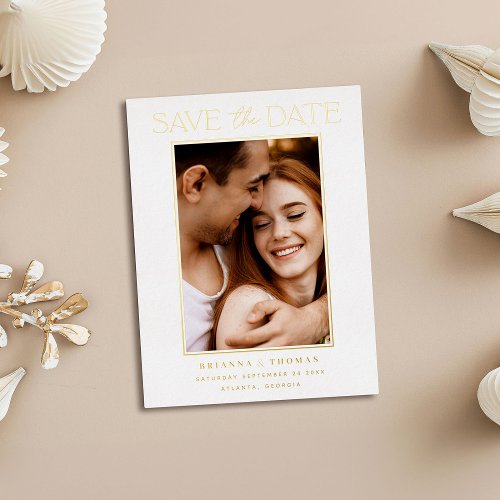 Elegant Minimalist Photo Save the Date Gold  Foil Invitation Postcard