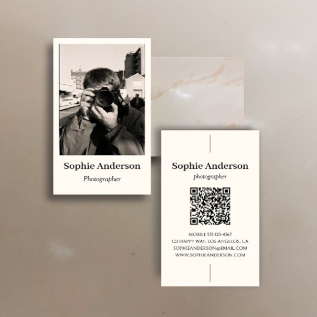 Elegant Minimalist Photographer QR Code Vertical Business Card (Creator Uploaded)