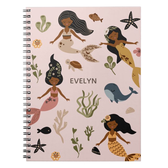 Elegant Minimalist Pink African American Mermaid Notebook (Front)