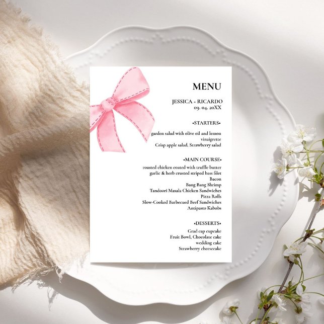  Elegant Minimalist Pink Bow Wedding Table Menu (Creator Uploaded)