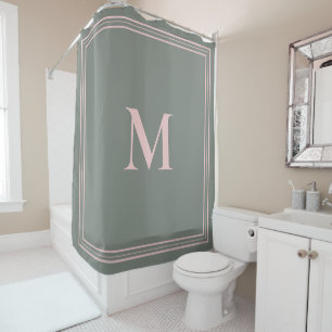 Elegant Minimalist Pink Green Monogram Shower Curtain