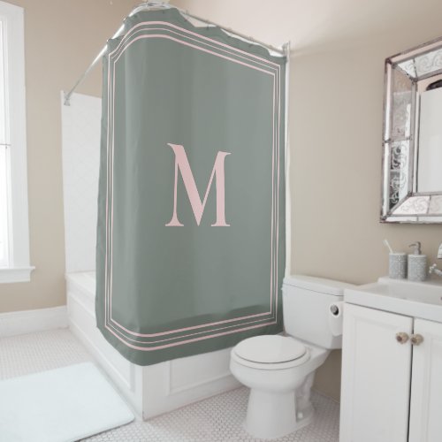 Elegant Minimalist Pink Green Monogram Shower Curtain