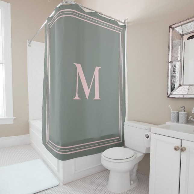 Elegant Minimalist Pink Green Monogram Shower Curtain (In Situ)