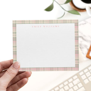 Elegant Minimalist Pink Green Plaid Note Card