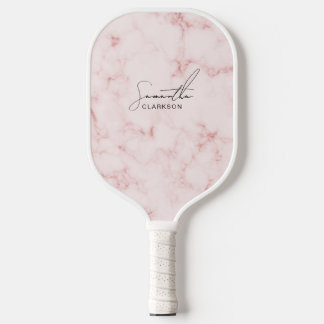 Elegant Minimalist Pink Marble Handwritten Script Pickleball Paddle