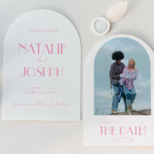 Elegant Minimalist Pink Photo Arched Wedding Save The Date