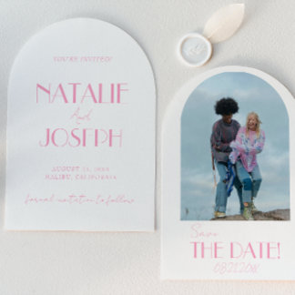 Elegant Minimalist Pink Photo Arched Wedding Save The Date