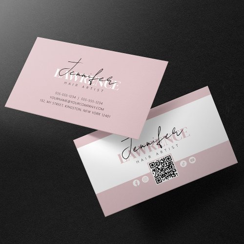 Elegant Minimalist Pink Trendy HairStylist QR Code Business Card