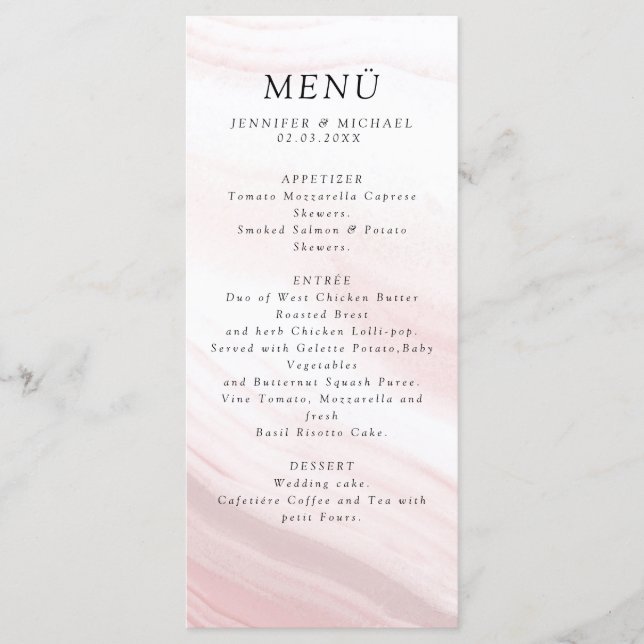Elegant minimalist pink white marble menu (Front)