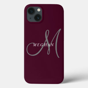 Elegant Minimalist Plain Burgundy Monogrammed iPhone 13 Case