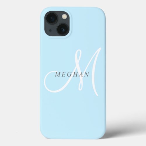 Elegant Minimalist Plain Light Blue Monogrammed iPhone 13 Case