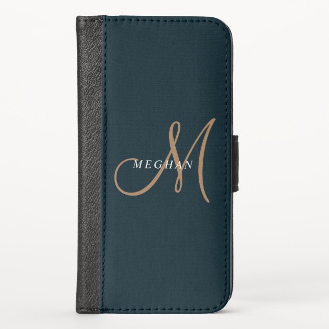 Elegant Minimalist Plain Navy Blue Monogrammed iPhone Wallet Case (Front)