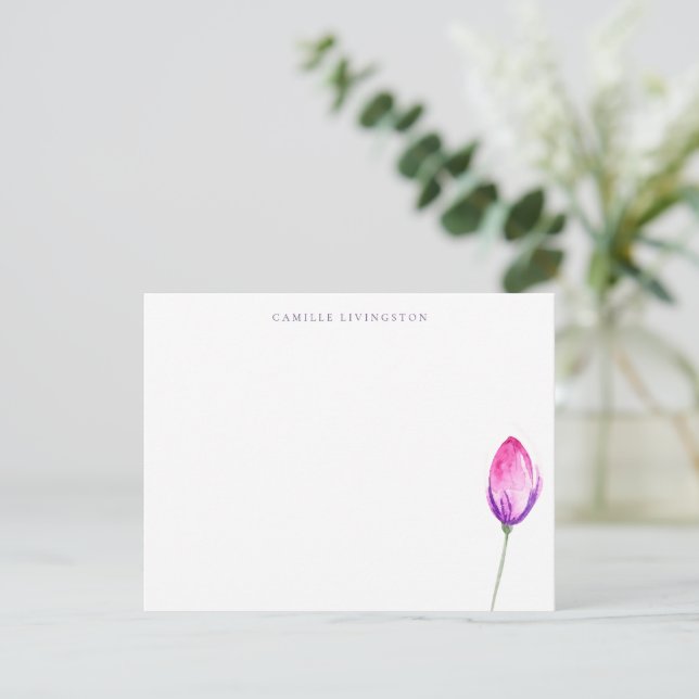 Elegant Minimalist Purple Pink Floral Personalized Note Card (Standing Front)