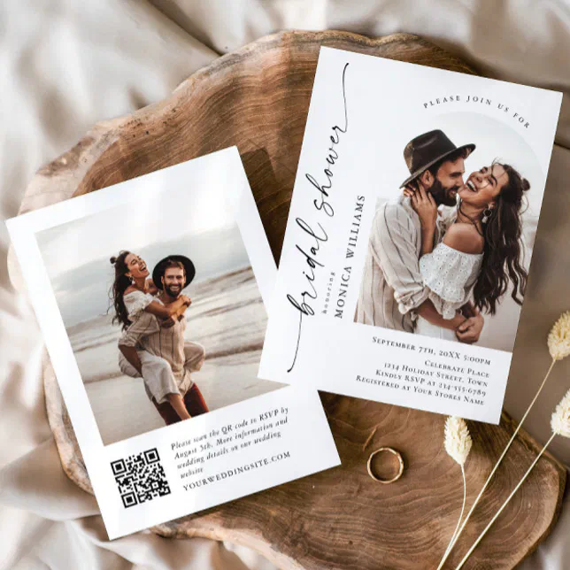 Elegant Minimalist QR code 2 PHOTO Bridal Shower Invitation | Zazzle