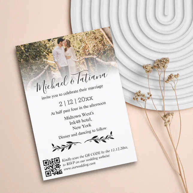 elegant minimalist qr code rsvp photo wedding invitation | Zazzle