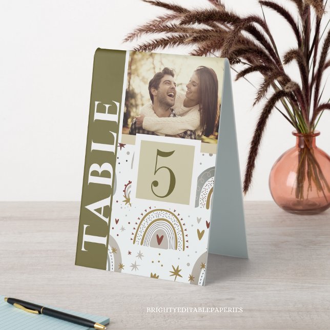 Elegant Minimalist Rainbow Photo Table Number  Table Tent (a bright and boho photo of us, the happy couple, surrounded by colorful rainbows.)