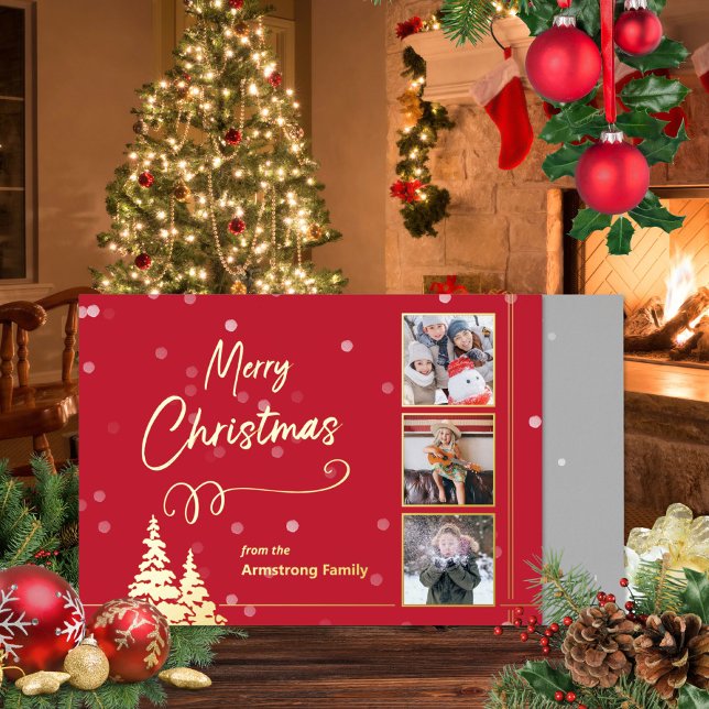 Elegant Minimalist Red Gold Christmas Photo Foil Holiday Card (Elegant Minimalist Tree Photo Foil Postcard ©Susanne Sachers - Sunny Mind 🌞)