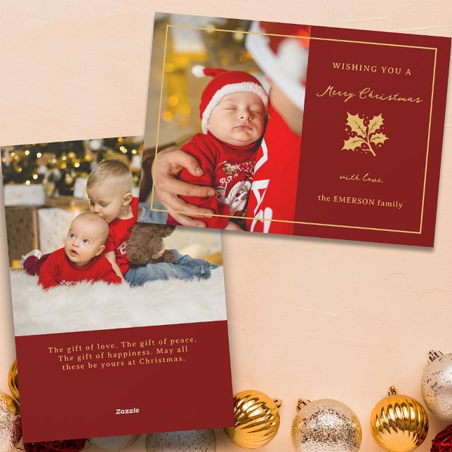 Elegant Minimalist Red/Gold Photo Holiday Card (Creator Uploaded)