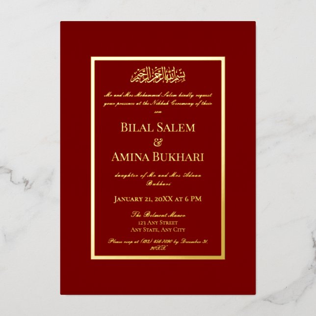 Elegant Minimalist Red Islamic Wedding Nikkah Foil Invitation (Front)