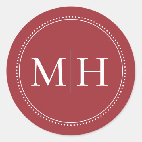 Elegant Minimalist Red Monogram Dotted Border Classic Round Sticker