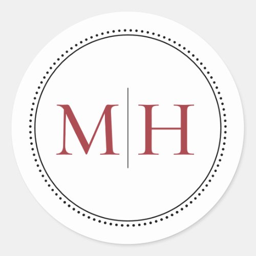 Elegant Minimalist Red Monogram Dotted Border Classic Round Sticker