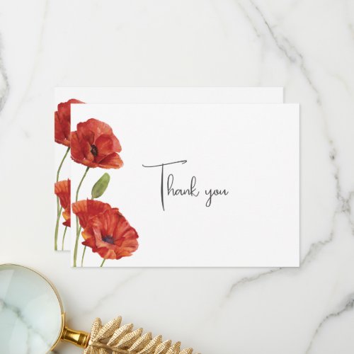 Elegant Minimalist Red Poppy Flowers Wedding Thank You Card