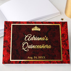 Elegant Minimalist Red Rose Floral Quinceanera Foil Guest Book