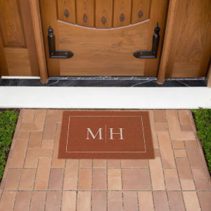 Elegant Minimalist Red Rust White Monogram Fiber Doormat