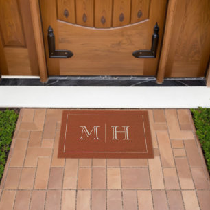 Elegant Minimalist Red Rust White Monogram Fiber Doormat