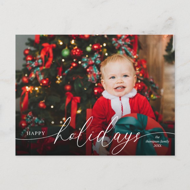 Elegant Minimalist Red Script Photo Holiday Postcard (Front)