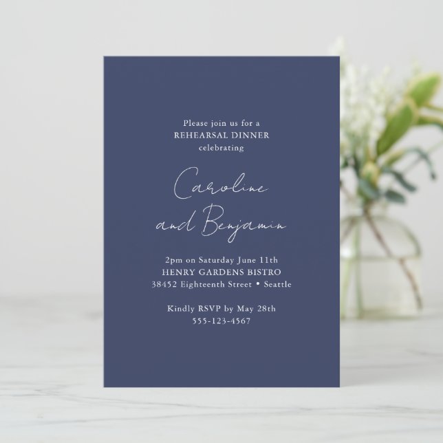 Elegant Minimalist Rehearsal Dinner Navy Blue Invitation (Standing Front)