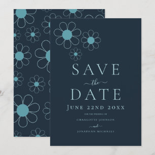 Elegant Minimalist Retro Daisy Blue Wedding Save The Date