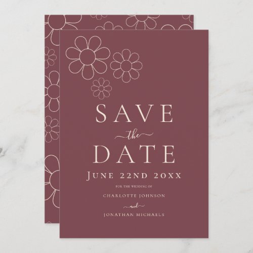 Elegant Minimalist Retro Daisy Burgundy Wedding Save The Date